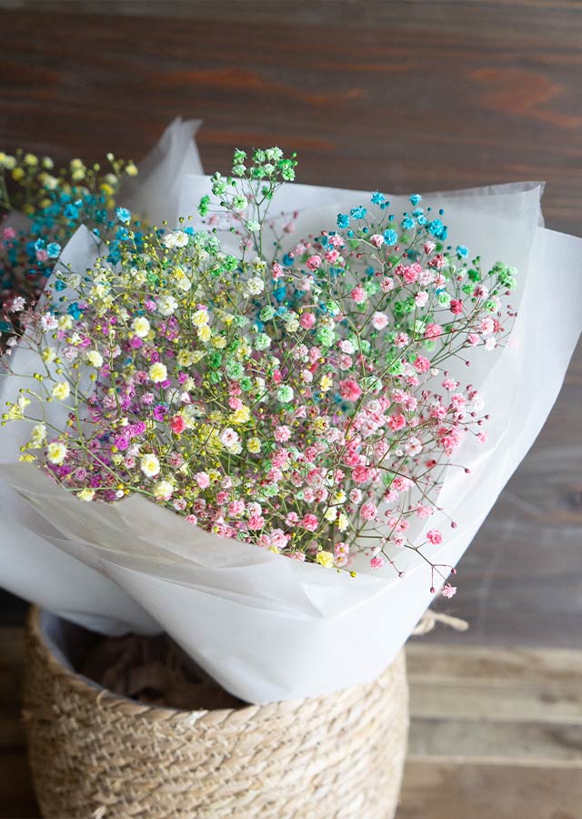 カラフルなかすみ草のブーケ レインボーコットンキャンディ ブーケ 縁結びのお祝い花 お祝い お供えの花通販ギフトは送料無料の お花の窓口 へ