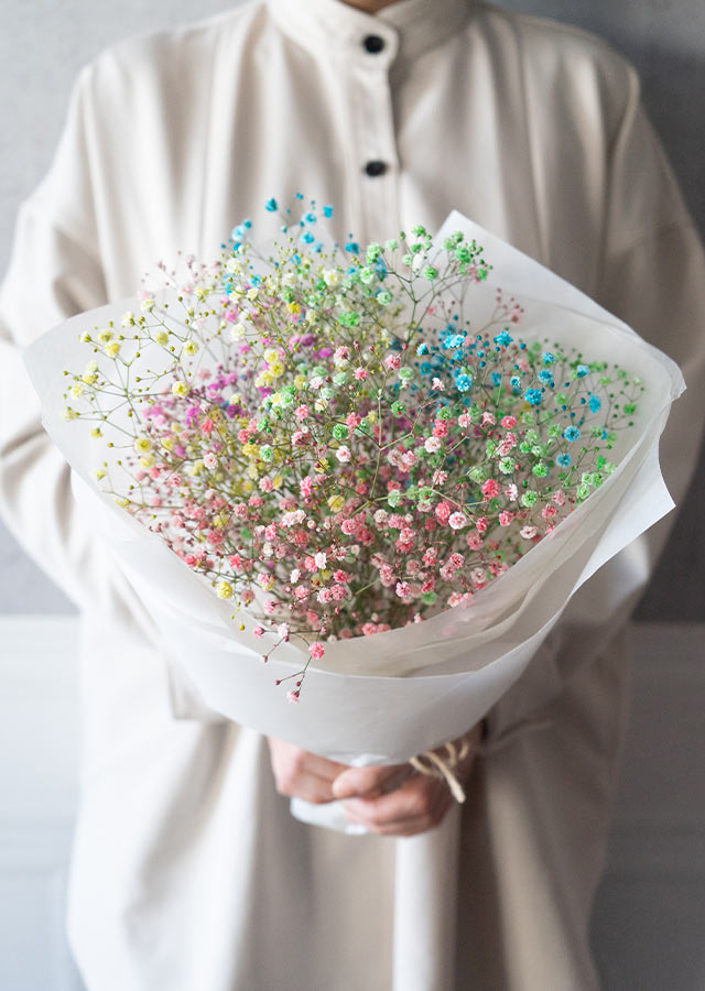 画像：【花束】カラフルなかすみ草のブーケ「レインボーコットンキャンディ・ブーケ」