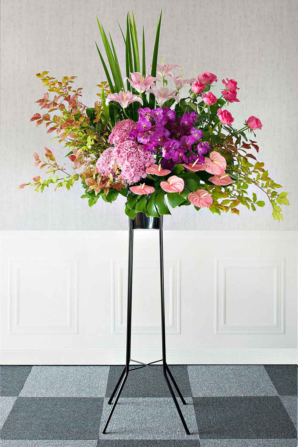 画像：【お祝いスタンド花】1段スタンド ドレッシーピンク(ピンク・紫) Lサイズ 高さ約200cm