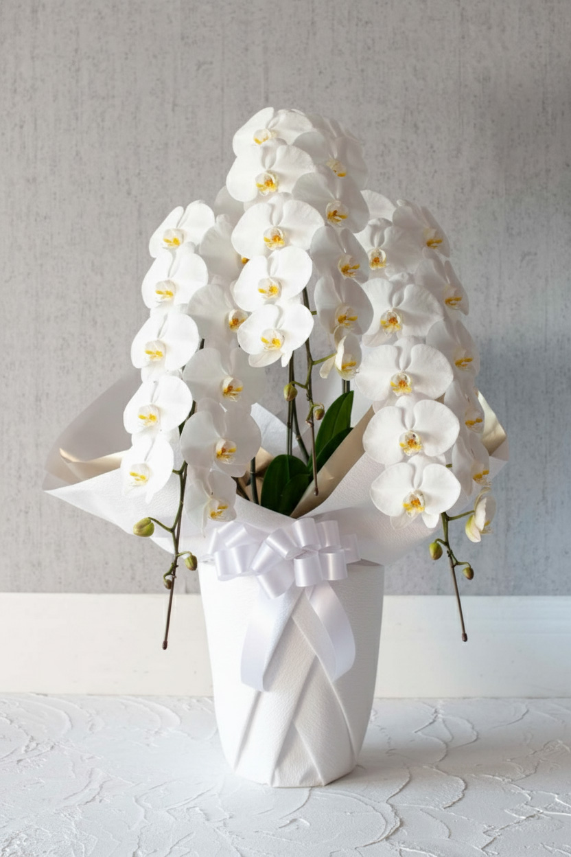画像:【お供え用胡蝶蘭】大輪白 3本立ち 36輪以上(つぼみを含む) 高さ約80cm